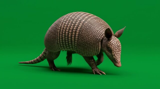 Armadillo on green backdrop Textured shell  grey legs  snout Low profile