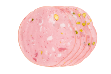 Slices Of Traditional Italian antipasti mortadella Bolognese isolated on white background. top view