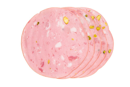 Slices Of Traditional Italian antipasti mortadella Bolognese isolated on white background. top view