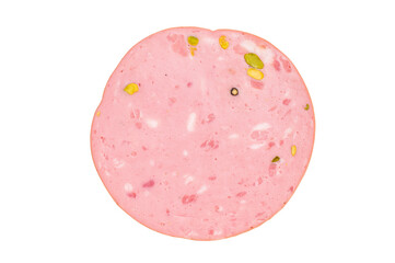 Mortadella Bolognese sausage slices with pistachios isolated on white background. top view