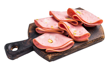Italian Mortadella sausage slices with pistachios on wooden cutting board isolated on white...