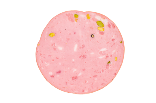Mortadella Bolognese sausage slices with pistachios isolated on white background. top view