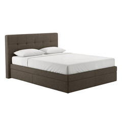 Modern upholstered bed with white bedding in contemporary style  isolate on a transparent background