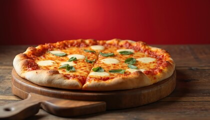 Italian pizza with mozzarella cheese and basil leaves. Delicious pizza on wooden board with red background. Fresh baked pizza with tomatoes sauce. Perfect dinner, lunch or snack.