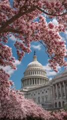 Capitol building at spring blossom magnolia tree, Washington DC. U.S. Capitol exterior photos. Capitol at spring. Capitol architecture.