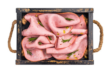Mortadella Bologna slices with pistachios for breakfast in wooden tray isolated on white...