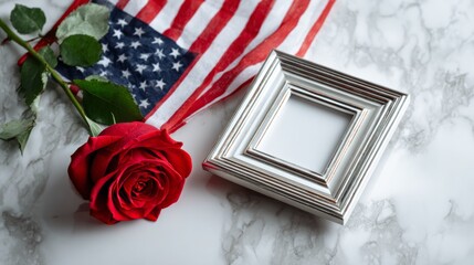 Obraz premium Concept of U.S. Independence day the fourth of July or Memorial day online sale celebration. National flag and red rose over marble table background.