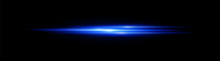 Blue glowing light streak. Horizontal neon beam with smooth glow and layered flow on black background, fitting tech, motion or speed themes.