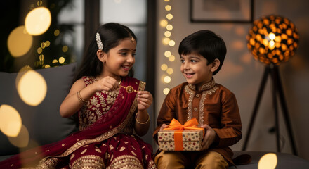 Raksha Bandhan 2025 Festival with Sister Tying Rakhi and Brother Receiving Gift with Joyful Smiles