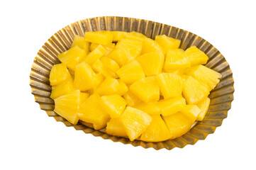 Pineapple chunks slices in a plate isolated on white background. top view