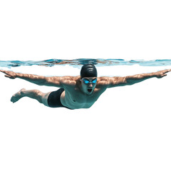 Male swimmer performing freestyle stroke in clear water  isolate on a transparent background