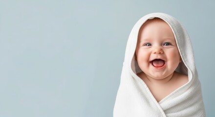 A happy baby wrapped in a soft white towel, with a wide smile, on a light blue background.