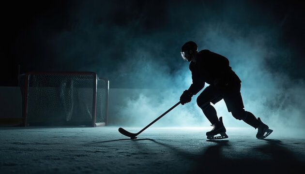 Hockey player silhouette on ice rink. Man wearing hockey gear, helmet skates. Smoke, fog, dark background. Action, movement, winter sport, professional game, competition.