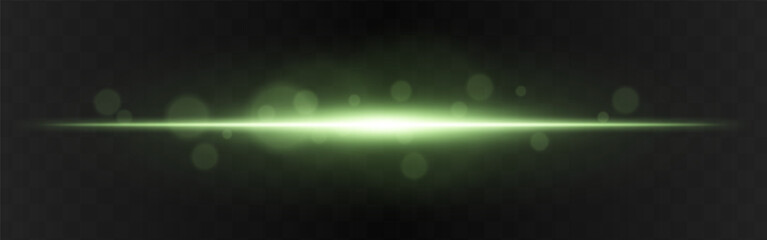 Light burst. Green horizontal glow with radial flare and soft particles on dark transparent background, suitable for tech or sci-fi visuals.