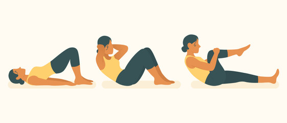 Fitness workout icon. Woman doing glute bridge, crunch, and knee-to-chest on mat. Strengthening core, abs, back, and hips for home or gym training.