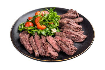 Grilled Beef Denver strip Steak on a plate with salad isolated on white background. top view