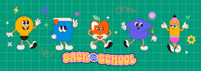 School characters of funny school items with different emotions and back to school greeting. Kawaii happy characters of school supplies-book, ball, pencil, flask, bulb, apple. Vector illustration.