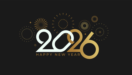 Celebrating 2026 New Year.Elegant minimalistic greeting card for happy event with abstract golden fireworks,white and gold numbers on black background.Template for poster,flyer,web.Vector illustration