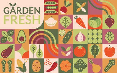 Healthy organic vegetables. Geometric background with vegetable from garden in simple flat style-carrot,onion, potato,corn,broccoli, avocado,tomato, pepper, cucumber, basil.Fresh natural food.Vector