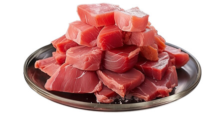 Fresh raw tuna pieces artfully displayed on a glass plate show great texture and color on a black background transparent.