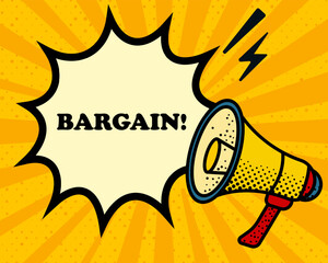 Bargain speech bubble. Megaphone, lightning, speech burst, sound lines, pop art style, loudspeaker, public speaking, yellow background, expression, voice, alert, broadcast