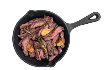 Grilled Beef top sirloin Steak in a pan isolated  on white background. top view