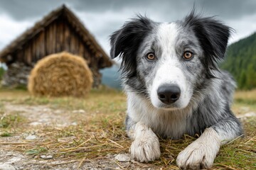 Fototapeta premium Border Collie Dog Lying on Ground Near Haystack