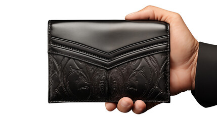 Stylish black leather wallet showcasing craftsmanship in a hand against a gray backdrop, elegant for personal finance and gift ideas transparent.