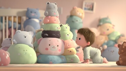 Obraz premium A baby looking at a tower of stuffed animals in a nursery
