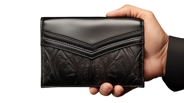 Stylish black leather wallet showcasing craftsmanship in a hand against a gray backdrop, elegant for personal finance and gift ideas transparent.