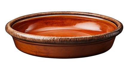 Elegant empty terracotta serving dish ready for tapas or gourmet cooking, shot in studio with rustic rim detail and warm tones transparent.