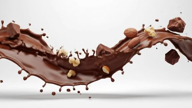 A dynamic chocolate splash with floating elements embedded in the motion &mdash; like cocoa nibs, chunks of chocolate, or nuts &mdash; captured mid-air. All over a bright white background, with minimalistic shado