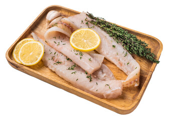 Raw Pollock and Hake fish fillets on a wooden board with herbs ready for cooking isolated on white background. top view
