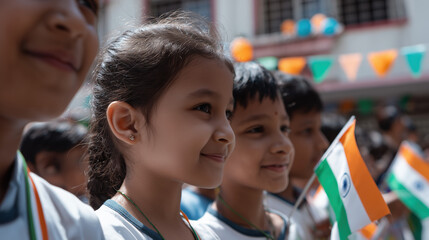 Young children cheerfully join the flag march on 15th August. Celebrating Independence Day.