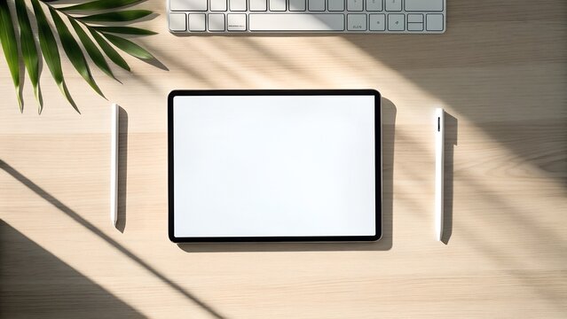 A clean and minimalist workspace featuring a tablet, notebook, stylus pen, and a small potted plant on a wooden desk. Bathed in natural light with soft leaf shadows, this setup represents focus