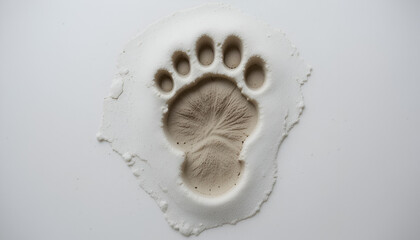 Fototapeta premium A bear's paw print made with plaster of Paris, showing detailed texture and unique pattern against a light backdrop.