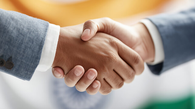 Business handshake in front of Indian flag on Independence Day. Political Peace between two nations.