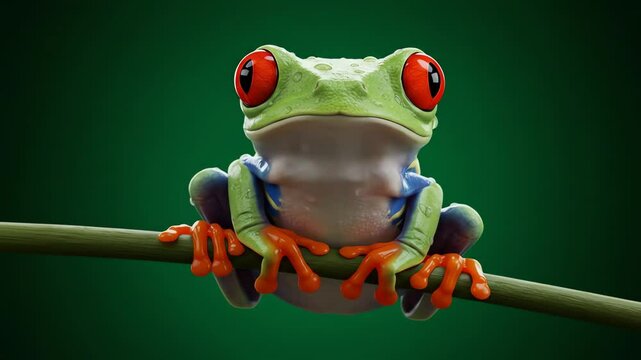 Green frog with red eyes perches on a branch against a green background