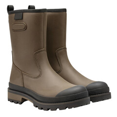 Durable brown rubber boots with thick sole for outdoor activities  isolate on a transparent background