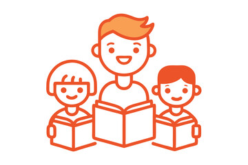 Obraz premium line art of kids reading books telling stories colorfull Vector illustration