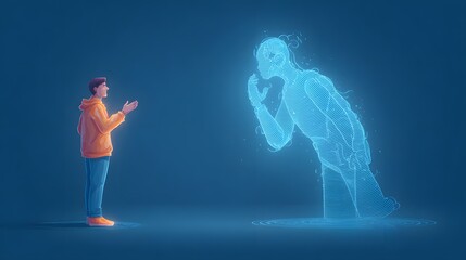 Obraz premium A person looking at a hologram figure on a blue background, in an interactive scene