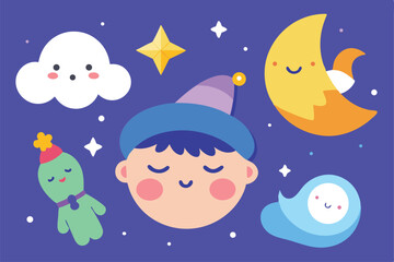 A cartoon illustration of a baby boy sleeping soundly under a starry Christmas night sky with a crescent moon