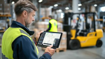 Logistics manager reviewing tablet with D route optimization data overlay, background filled with forklifts and stacked pallets in warehouse, combining tech and operations. - Powered by Adobe