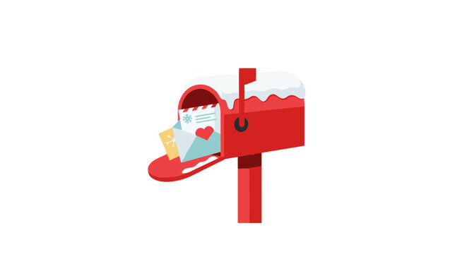 Illustration of a red mailbox with snow on top and letters inside including one with a heart design