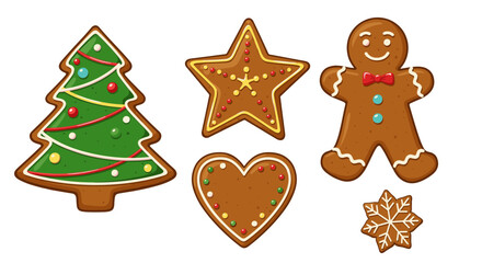 Fototapeta premium Illustration of christmas gingerbread cookies including a tree star heart and gingerbread man shape