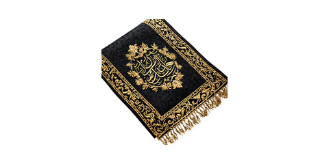 Luxurious Black And Gold Islamic Prayer Rug With Intricate Arabic Calligraphy. Spiritual And Cultural Significance Isolated On Transparent Background