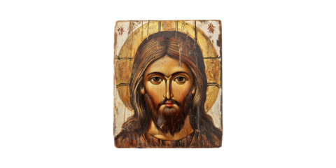 Icon Of Jesus Christ Wooden Panel. Religious Art And Spiritual Symbolism Isolated On Transparent Background