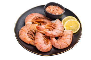 Uncooked Headless Red shrimps, raw Prawns on plate isolated on white background. top view