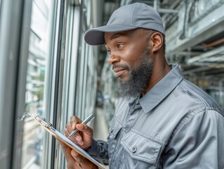 Afro-american male factory worker in uniform and cap inspecting glass production line with clipboard in hand

