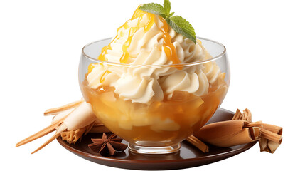 Delicious apple crumble dessert in glass bowl with vanilla ice cream and caramel drizzle for a tasty treat transparent.